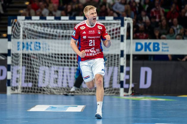 12.04.2026, xdobgx, Handball Daikin HBL, Handball Verein Hamburg - THW Kiel v.l. Frederik Bo Andersen (Handball Sport Verein Hamburg, 21) Jubel, Torjubel, jubelt ueber das Tor, celebrate the goal, celebration