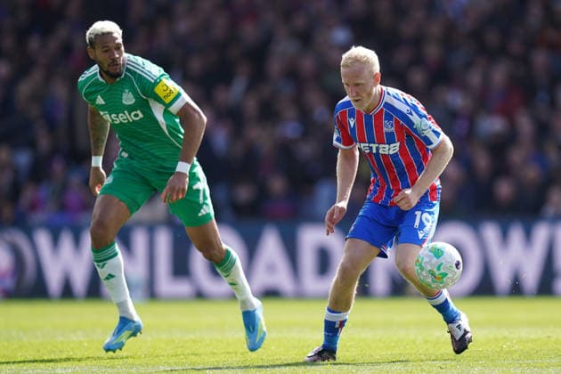 Crystal Palace v Newcastle United, Premier League Will Hughes of Crystal Palace under pressure from Joelinton of Newcastle United during the Crystal Palace v Newcastle United Premier League match at Selhurst Park, London, England on 12 April 2026 Credit: Dylan Hepworth Every Second Media Editorial use only. All images are copyright Every Second Media Limited. No images may be reproduced without prior permission. All rights reserved. Premier League and Football League images are subject to licensing agreements with Football DataCo Limited. see https: www.football-dataco.com Copyright: xIMAGO EveryxSecondxMediax ESM-1906-0047 DylanxHepworthx xEveryxSecondxMediax