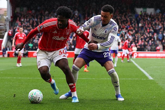Nottingham Forest v Aston Villa, Premier League Ola Aina of Nottingham Forest and Morgan Rogers of Aston Villa battle for possession during the Nottingham Forest v Aston Villa Premier League match at the City Ground, West Bridgford, England on 12 April 2026 Credit: Ryan Crockett Every Second Media Editorial use only. All images are copyright Every Second Media Limited. No images may be reproduced without prior permission. All rights reserved. Premier League and Football League images are subject to licensing agreements with Football DataCo Limited. see https: www.football-dataco.com Copyright: xIMAGO EveryxSecondxMediax ESM-1903-0037 RyanxCrockettx xEveryxSecondxMediax