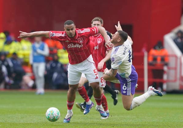 Nottingham, England, 12th April 2026. Murillo of Nottingham Forest clashes with Ross Barkley of Aston Villa during the Nottingham Forest vs Aston Villa Premier League match at the City Ground, Nottingham. Picture credit should read: Andrew Yates Sportimage EDITORIAL USE ONLY. No use with unauthorised audio, video, data, fixture lists, club league logos or live services. Online in-match use limited to 120 images, no video emulation. No use in betting, games or single club league player publications. SPI_042_AY_Forest_Villa SPI-4682-0042