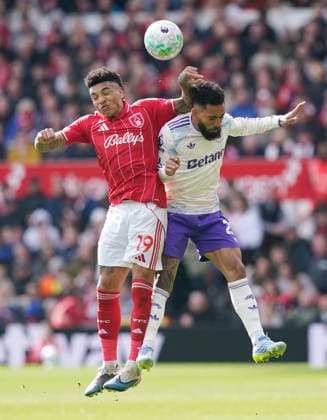 Nottingham, England, 12th April 2026. Igor Jesus of Nottingham Forest (l) challenges Douglas Luiz of Aston Villa (r) during the Nottingham Forest vs Aston Villa Premier League match at the City Ground, Nottingham. Picture credit should read: Andrew Yates Sportimage EDITORIAL USE ONLY. No use with unauthorised audio, video, data, fixture lists, club league logos or live services. Online in-match use limited to 120 images, no video emulation. No use in betting, games or single club league player publications. SPI_046_AY_Forest_Villa SPI-4682-0046