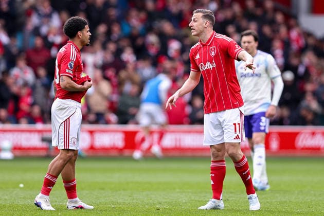 Nottingham Forest v Aston Villa, Premier League Chris Wood gestures to Morgan Gibbs-White of Nottingham Forest during the Nottingham Forest v Aston Villa Premier League match at the City Ground, West Bridgford, England on 12 April 2026 Credit: Ryan Crockett Every Second Media Editorial use only. All images are copyright Every Second Media Limited. No images may be reproduced without prior permission. All rights reserved. Premier League and Football League images are subject to licensing agreements with Football DataCo Limited. see https: www.football-dataco.com Copyright: xIMAGO EveryxSecondxMediax ESM-1903-0050 RyanxCrockettx xEveryxSecondxMediax