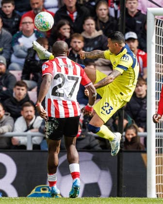 12th April 2026; Stadium of Light, Sunderland, England; Premier League Football, Sunderland versus Tottenham Hotspur; Pedro Porro of Tottenham Hotspur with an acrobatic clearance WMxSportsxMedia
