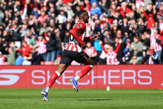 SUNDERLAND, ENGLAND, APRIL 12: Nordi Mukiele of Sunderland AFC celebrates scoring the opening goal during a Premier League 2025-26 match between Sunderland and Tottenham Hotspur at Stadium of Light on April 12, 2026 in Sunderland, England. (Photo by Zach Forster Sports Press Photo) Copyright: xZachxForster SportsxPressxPhotox Sportspressphoto_SPR128159