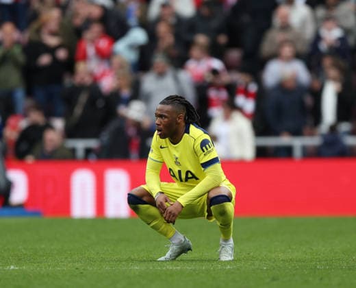 Sunderland, England, 12th April 2026. Destiny Udogie of Tottenham Hotspur reacts after the Sunderland vs Tottenham Hotspur Premier League match at the Stadium Of Light, Sunderland. Picture credit should read: Nigel Roddis Sportimage EDITORIAL USE ONLY. No use with unauthorised audio, video, data, fixture lists, club league logos or live services. Online in-match use limited to 120 images, no video emulation. No use in betting, games or single club league player publications. SPI_035_NR_SUND_TOTT SPI-4681-0036