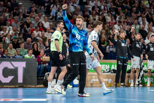 12.04.2026, xdobgx, Handball Daikin HBL, Handball Verein Hamburg - THW Kiel v.l. Gonzalo Perez De Vargas (Kiel, 1) Jubelt ueber gehaltenen Ball, abgewehrt, gehalten, Torhueter