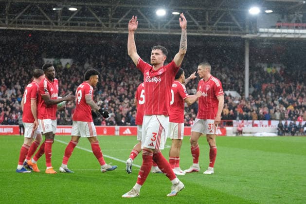 NOTTINGHAM, ENGLAND - APRIL 12: Neco Williams of Nottingham Forest celebrates his goal during the Premier league football match between Nottingham Forest and Aston Villa at the City Ground on April 12, 2026 in Nottingham, England. Copyright: xPaulxBonserx xSportsxPressxPhotox Sportspressphoto_SPR128320