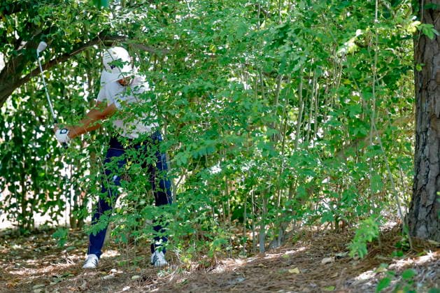 Golf - Masters Tournament round 4 Marco Penge of England hits his ball from the bushes off the fairway of the second hole during the final round of the 2026 Masters Tournament at the Augusta National Golf Club in Augusta, Georgia, USA, 12 April 2026. AUGUSTA GEORGIA United States  Copyright: xERIKxS.xLESSERx