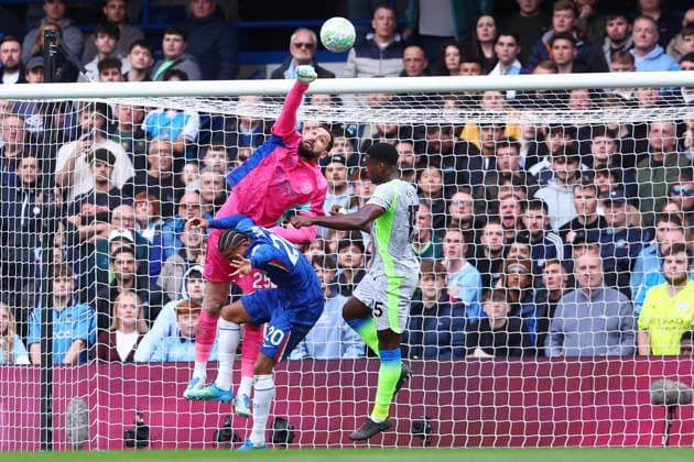 London, England, 12th April 2026. Gianluigi Donnarumma of Manchester City punches the ball clear during the Chelsea vs Manchester City Premier League match at Stamford Bridge, London. Picture credit should read: Paul Terry Sportimage EDITORIAL USE ONLY. No use with unauthorised audio, video, data, fixture lists, club league logos or live services. Online in-match use limited to 120 images, no video emulation. No use in betting, games or single club league player publications. SPI_026_PT_Chelsea_Man_City SPI-4683-0026