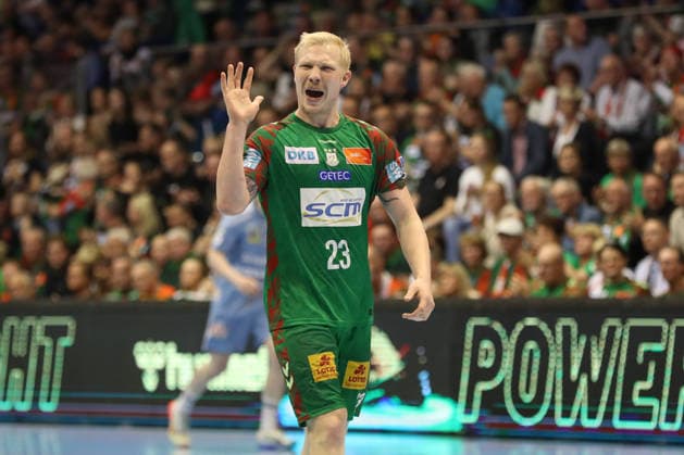 12.04.2026, xgox, Handball - Daikin HBL SC Magdeburg - HC Erlangen emspor, v.l. Magnus Saugstrup (Magdeburg, 23) Jubel, Torjubel, jubelt ueber das Tor, celebrate the goal, celebration Magdeburg