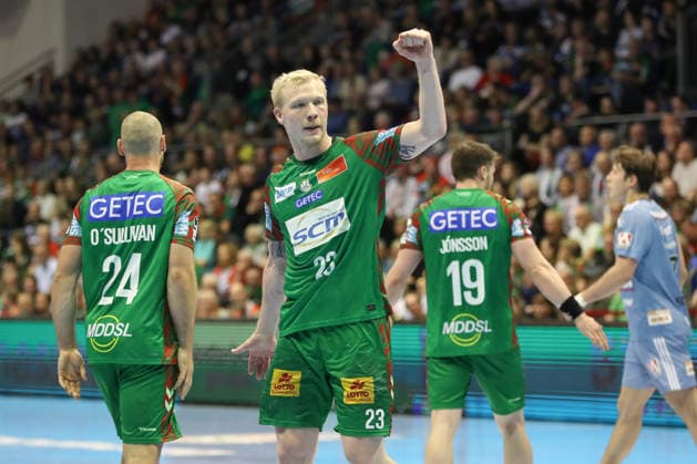 12.04.2026, xgox, Handball - Daikin HBL SC Magdeburg - HC Erlangen emspor, v.l. Magnus Saugstrup (Magdeburg, 23) Jubel, Torjubel, jubelt ueber das Tor, celebrate the goal, celebration Magdeburg
