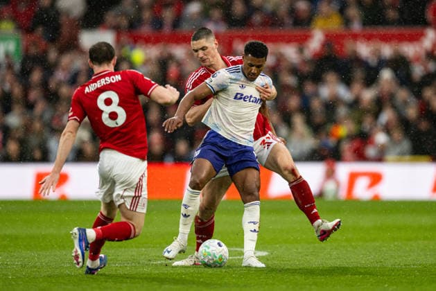 12th April 2026; The City Ground, Nottingham, England; Premier League Football, Nottingham Forest versus Aston Villa; Ollie Watkins of Aston Villa is held up by Nikola Milenkovic of Nottingham Forest as Elliot Anderson closes in GodfreyxPitt