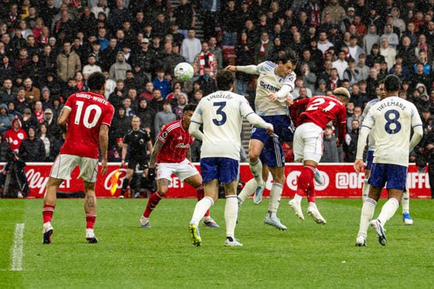 12th April 2026; The City Ground, Nottingham, England; Premier League Football, Nottingham Forest versus Aston Villa; Omari Hutchinson of Nottingham Forest heads towards goal as the hail comes down GodfreyxPitt