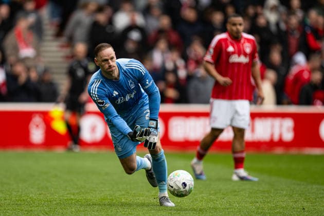 12th April 2026; The City Ground, Nottingham, England; Premier League Football, Nottingham Forest versus Aston Villa; Matz Sels of Nottingham Forest rolls the ball out GodfreyxPitt