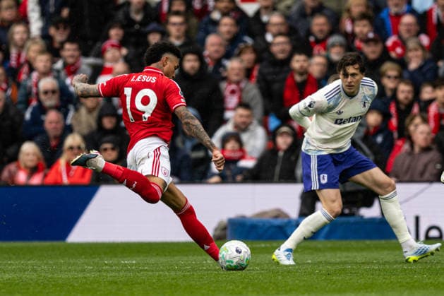 12th April 2026; The City Ground, Nottingham, England; Premier League Football, Nottingham Forest versus Aston Villa; Igor Jesus of Nottingham Forest shoots at goal GodfreyxPitt