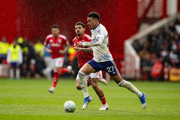 12th April 2026; The City Ground, Nottingham, England; Premier League Football, Nottingham Forest versus Aston Villa; Morgan Rogers of Aston Villa runs with the ball past Morgan Gibbs-White of Nottingham Forest GodfreyxPitt