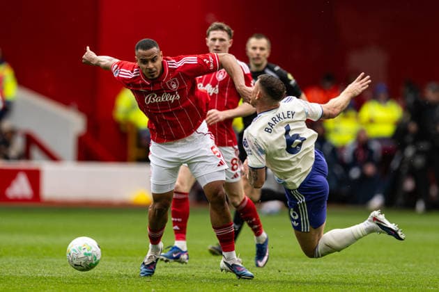 12th April 2026; The City Ground, Nottingham, England; Premier League Football, Nottingham Forest versus Aston Villa; Murillo of Nottingham Forest pushes Ross Barkley of Aston Villa aside GodfreyxPitt