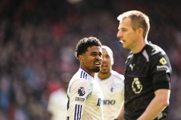 12th April 2026; The City Ground, Nottingham, England; Premier League Football, Nottingham Forest versus Aston Villa; Ian Maatsen of Aston Villa is unhappy after a decision by referee Michael Salisbury GodfreyxPitt