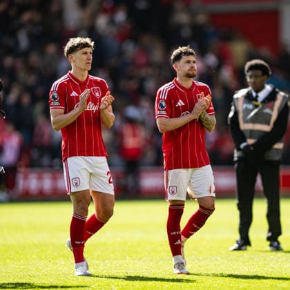 12th April 2026; The City Ground, Nottingham, England; Premier League Football, Nottingham Forest versus Aston Villa; Ryan Yates and Neco Williams of Nottingham Forest applaud the home fans after the final whistle GodfreyxPitt