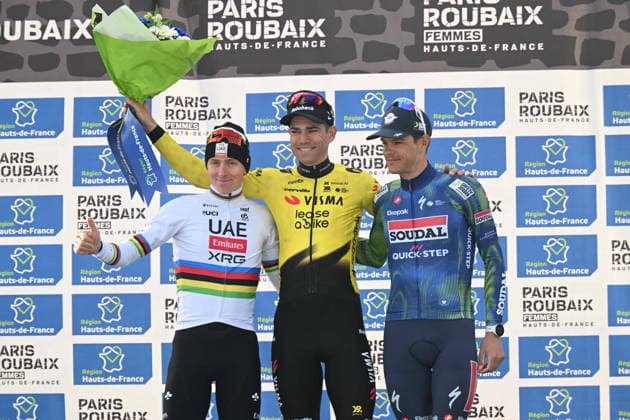 12-04-2026 Paris - Roubaix; 2026, Visma - Lease A Bike; 2026, Uae Emirates - Xrg; 2026, Soudal - Quick Step; Van Aert, Wout; Pogacar, Tadej; Stuyven, Jasper; Roubaix; 