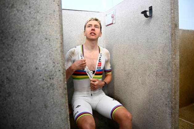 Paris - Roubaix Hauts-de-France 2026 Cycling Race ROUBAIX, FRANCE - APRIL 12 : Pogacar Tadej (SLO) of UAE Team Emirates XRG taking a shower after the race during the 123rd edition of Paris - Roubaix Hauts-de-France an UCI World Tour 1.UWT one day cycling road race for Men Elite of 258 km with start in Compiegne and finish in Roubaix on April 12, 2026 in Roubaix, France, 12 04 2026 Roubaix France  Copyright: xTomasxSiskx