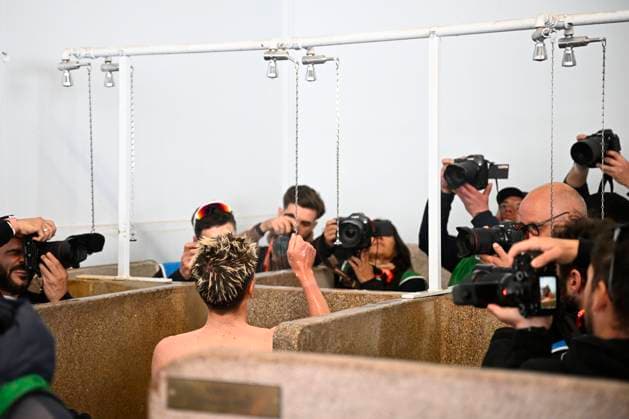 Paris - Roubaix Hauts-de-France 2026 Cycling Race ROUBAIX, FRANCE - APRIL 12 : Pogacar Tadej (SLO) of UAE Team Emirates XRG taking a shower after the race during the 123rd edition of Paris - Roubaix Hauts-de-France an UCI World Tour 1.UWT one day cycling road race for Men Elite of 258 km with start in Compiegne and finish in Roubaix on April 12, 2026 in Roubaix, France, 12 04 2026 Roubaix France  Copyright: xTomasxSiskx