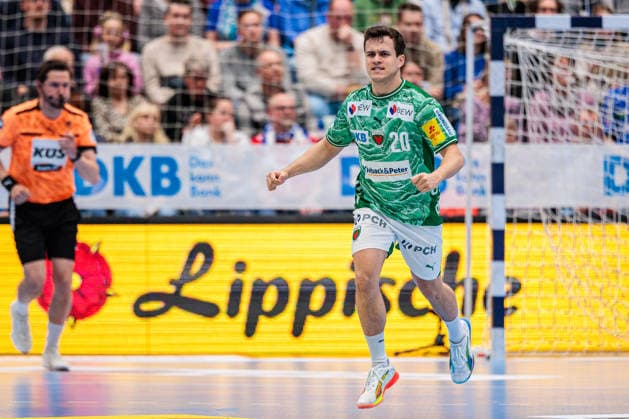 Torjubel bei Tim Freihoefer (Fuechse Berlin, 20) GER, TBV Lemgo Lippe vs. Fuechse Berlin, Handball, 1. Bundesliga, 28. Spieltag, Spielzeit 2025 2026, 12.04.2026 GER, TBV Lemgo Lippe vs. Fuechse Berlin, Handball, 1. Bundesliga, 28. Spieltag, Spielzeit 2025 2026, 12.04.2026 Lemgo Copyright: xEibner-Pressefoto JanxRollingerx EP_JSK