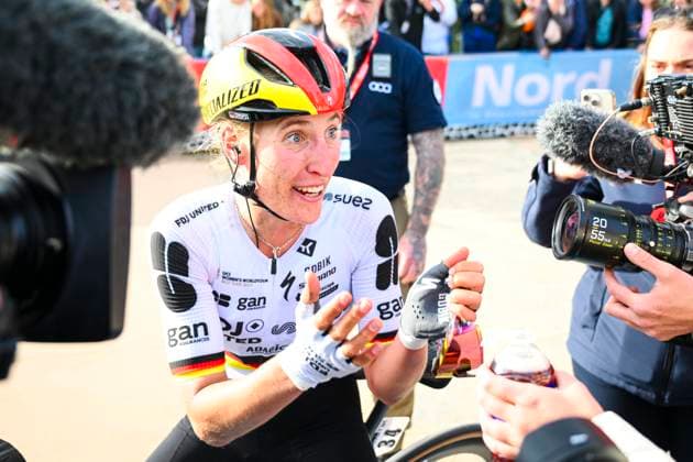 Paris - Roubaix Hauts-de-France 2026 Cycling Race ROUBAIX, FRANCE - APRIL 12 : Koch Franziska (GER) of FDJ United - SUEZ celebrating her victory during the 123rd edition of Paris - Roubaix Hauts-de-France an UCI World Tour 1.UWT one day cycling road race for Women Elite of 258 km with start in Compiegne and finish in Roubaix on April 12, 2026 in Roubaix, France, 12 04 2026 ( Motordriver Kenny Verfaillie - Roubaix France  Copyright: xVincentxKalutx