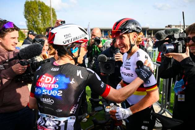 Paris - Roubaix Hauts-de-France 2026 Cycling Race ROUBAIX, FRANCE - APRIL 12 : Koch Franziska (GER) of FDJ United - SUEZ celebrating her victory during the 123rd edition of Paris - Roubaix Hauts-de-France an UCI World Tour 1.UWT one day cycling road race for Women Elite of 258 km with start in Compiegne and finish in Roubaix on April 12, 2026 in Roubaix, France, 12 04 2026 ( Motordriver Kenny Verfaillie - Roubaix France  Copyright: xVincentxKalutx