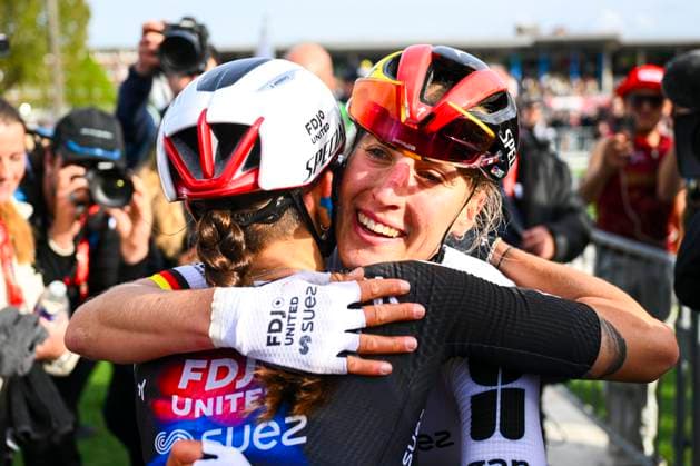 Paris - Roubaix Hauts-de-France 2026 Cycling Race ROUBAIX, FRANCE - APRIL 12 : Koch Franziska (GER) of FDJ United - SUEZ celebrating her victory during the 123rd edition of Paris - Roubaix Hauts-de-France an UCI World Tour 1.UWT one day cycling road race for Women Elite of 258 km with start in Compiegne and finish in Roubaix on April 12, 2026 in Roubaix, France, 12 04 2026 ( Motordriver Kenny Verfaillie - Roubaix France  Copyright: xVincentxKalutx