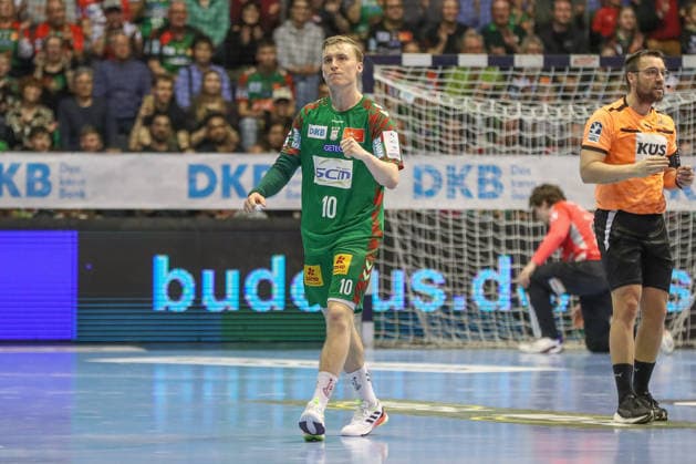 12.04.2026, xgox, Handball - Daikin HBL SC Magdeburg - HC Erlangen emspor, v.l. Gisli Thorgeir Kristjansson (Magdeburg, 10) Jubel, Torjubel, jubelt ueber das Tor, celebrate the goal, celebration Magdeburg