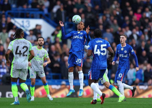 12th April 2026; Stamford Bridge, Chelsea, London, England: Premier League Football, Chelsea versus Manchester City; Joao Pedro of Chelsea heading the ball into midfield JPxFletcher