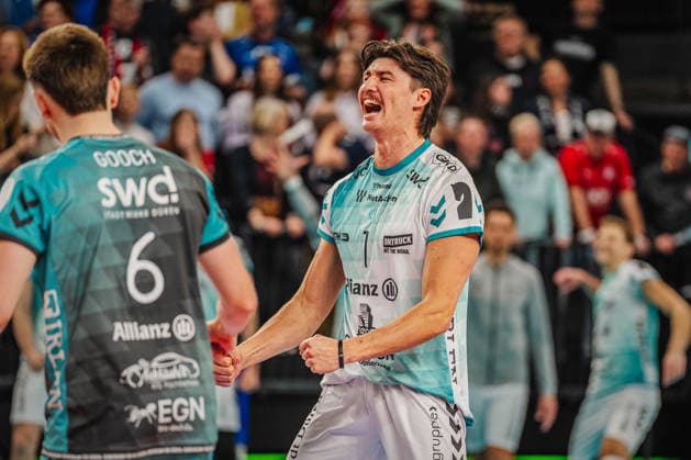 Volleyball Herren Bundesliga Playoffs Halbfinale 2025 2026 SVG Lüneburg vs. SWD powervolleys Düren 12.04.2026 Kyle Paulson ( 1 SWD powervolleys Düren) jubelt