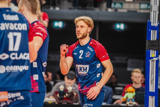 Volleyball Herren Bundesliga Playoffs Halbfinale 2025 2026 SVG Lüneburg vs. SWD powervolleys Düren 12.04.2026 Daniel Gruvaeus ( 2 SVG Lüneburg) jubelt