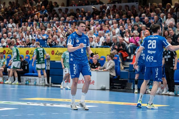 TBV Lemgo Lippe (GER) vs. Fuechse Berlin (GER), Handball, Daikin Handball Bundesliga, 28. Spieltag, 12.4.2026, Saision 2025 2026, Lemgo Frederik Simak (TBV Lemgo Lippe, 08) jubelt Lemgo Phoenix Contact Arena Deutschland
