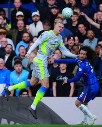 Erling Haaland of Manchester City battles with Marc Cucurella of Chelsea Chelsea v Manchester City, Premier League, Football, Stamford Bridge, London, UK - 12 Apr 2026London Stamford Bridge United Kingdom EDITORIAL USE ONLY No use with unauthorised audio, video, data, fixture lists, club league logos or live services. Online in-match use limited to 120 images, no video emulation. No use in betting, games or single club league player publications.  Copyright: xJavierxGarcia Shutterstockx 16823620ba