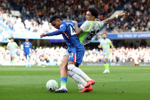 Chelsea v Manchester City - Premier League LONDON, ENGLAND - APRIL 12: Estevao Willian of Chelsea and Nico O™Reilly of Manchester City during the Premier League match between Chelsea and Manchester City at Stamford Bridge on April 12, 2026 in London, United Kingdom. (Photo by Charlotte Wilson Offside Offside via Getty Images) London England United Kingdom Copyright: xCharlottexWilson OffsidexOffside 776340670