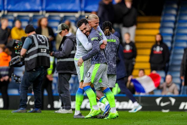 Chelsea v Manchester City, Premier League Erling Haaland (9) of Manchester City and Rayan Cherki (10) of Manchester City celebrate at full time during the Premier League match between Chelsea and Manchester City at Stamford Bridge, London, UK on 12 April 2026. Editorial use only DataCo restrictions apply See www.football-dataco.com , Copyright: xNigelxKeenex PSI-24056-0096