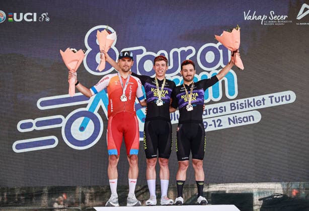 Tour of Mersin concludes with international participation MERSIN, TURKIYE - APRIL 12: Mustafa Tarakci (C) of Konya Metropolitan Municipality Sports Club celebrates on the podium after winning the fourth and final stage of the Tour of Mersin, while Aliaksei Shnyrko (L) finishes second and Ramazan Yilmaz (R) takes third place in Mersin, Turkiye on April 12, 2026. The race was organized for the 8th time with the participation of 130 cyclists from 31 countries. Serkan Avci Anadolu Mersin Turkey. Editorial use only. Please get in touch for any other usage.  Copyright: x2026xAnadoluxSerkanxAvcix
