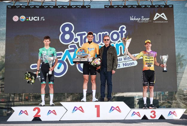 Tour of Mersin concludes with international participation MERSIN, TURKIYE - APRIL 12: Serdar Anil Depe (C) of Spor Toto Sports Club celebrates on the podium after winning the general classification and the orange jersey at the Tour of Mersin in Mersin, Turkiye on April 12, 2026. Czech rider Thomas Pridal (L) finished second, while Belgian rider Gianni Marchand (R) took third place in the four-day race. Serkan Avci Anadolu Mersin Turkey. Editorial use only. Please get in touch for any other usage.  Copyright: x2026xAnadoluxSerkanxAvcix
