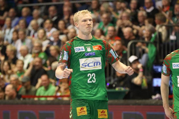 12.04.2026, xgox, Handball - Daikin HBL SC Magdeburg - HC Erlangen emspor, v.l. Magnus Saugstrup (Magdeburg, 23) Jubel, Torjubel, jubelt ueber das Tor, celebrate the goal, celebration Magdeburg