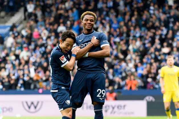 Farid Alfa-Ruprecht (VfL Bochum) Torjubel, jubelt nach seinem Treffer zum 3:0 waehrend des spiels der 2. Bundesliga zwischen VfL Bochum und Eintracht Braunschweig, Vonovia Ruhrstadion am 12. April 2026 in Bochum, Deutschland. (Foto von Max Maiwald DeFodi Images) +++ Farid Alfa-Ruprecht (VfL Bochum) celebrates after scoring his team s third goal during the 2. Bundesliga match between VfL Bochum and Eintracht Braunschweig at Vonovia Ruhrstadion on April 12, 2026 in Bochum, Germany. (Photo by Max Maiwald DeFodi Images) (Photo by Max Maiwald DeFodi Images) -