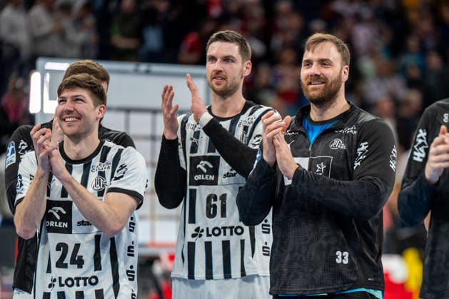 12.04.2026, xdobgx, Handball Daikin HBL, Handball Verein Hamburg - THW Kiel v.l. Lukas Zerbe (Kiel, 24), Hendrik Pekeler (Kiel, 61), Andreas Wolff (Kiel, 33) Jubel ueber den Sieg, Jubel nach Spielende Hamburg