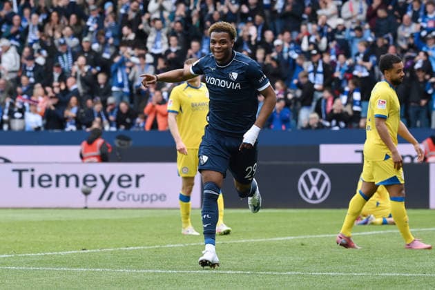 Jubel 3:0 Farid Alfa-Ruprecht (VfL Bochum) 12.04.2026, Fussball 2. Bundesliga, Saison 2025 2026, 29. Spieltag, VfL Bochum - Eintracht Braunschweig 4:1 DFL regulations prohibit any use of photographs as image sequences and or quasi-video Bochum Vonovia Ruhrstadion Nordrhein Westfalen Deutschland