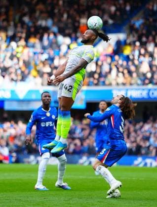 Antoine Semenyo of Manchester City heads above Marc Cucurella of Chelsea Chelsea v Manchester City, Premier League, Football, Stamford Bridge, London, UK - 12 Apr 2026London Stamford Bridge United Kingdom EDITORIAL USE ONLY No use with unauthorised audio, video, data, fixture lists, club league logos or live services. Online in-match use limited to 120 images, no video emulation. No use in betting, games or single club league player publications.  Copyright: xJavierxGarcia Shutterstockx 16823620bk