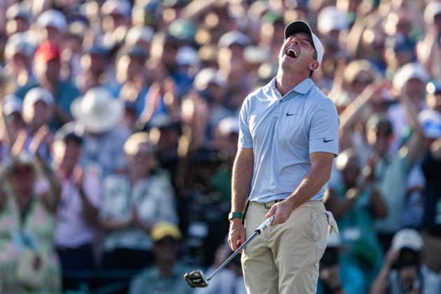 260412 Rory McIlroy of Northern Ireland celebrates during the final round of the 2026 Masters Golf Tournament on April 12, 2026 in Augusta. Photo: Petter Arvidson BILDBYRAN kod PA PA1196 golf masters bbeng the masters augusta jubel Copyright: PETTERxARVIDSON BB260412PA261