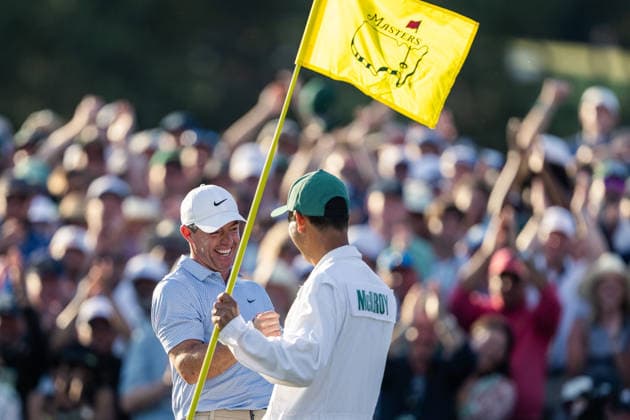 260412 Rory McIlroy of Northern Ireland celebrates during the final round of the 2026 Masters Golf Tournament on April 12, 2026 in Augusta. Photo: Petter Arvidson BILDBYRAN kod PA PA1196 golf masters bbeng the masters augusta jubel Copyright: PETTERxARVIDSON BB260412PA266