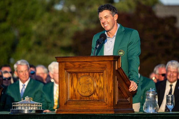 260412 Rory McIlroy of Northern Ireland during the Green Jacket Ceremony after winning the final round of the 2026 Masters Golf Tournament on April 12, 2026 in Augusta. Photo: Petter Arvidson BILDBYRAN kod PA PA1196 golf masters bbeng the masters augusta jubel Copyright: PETTERxARVIDSON BB260412PA276