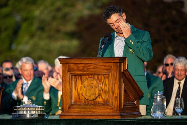 260412 Rory McIlroy of Northern Ireland during the Green Jacket Ceremony after winning the final round of the 2026 Masters Golf Tournament on April 12, 2026 in Augusta. Photo: Petter Arvidson BILDBYRAN kod PA PA1196 golf masters bbeng the masters augusta jubel Copyright: PETTERxARVIDSON BB260412PA280