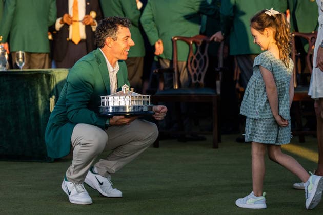 260412 Rory McIlroy of Northern Ireland celebrate with his daughter Poppy after winning the 2026 Masters Golf Tournament on April 12, 2026 in Augusta. Photo: Petter Arvidson BILDBYRAN kod PA PA1196 golf masters bbeng the masters augusta jubel Copyright: PETTERxARVIDSON BB260412PA291